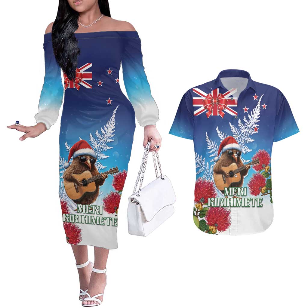New Zealand Kiwi Christmas Couples Matching Off The Shoulder Long Sleeve Dress and Hawaiian Shirt Xmas Vibe LT05 Blue - Polynesian Pride
