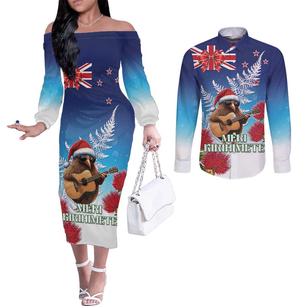 New Zealand Kiwi Christmas Couples Matching Off The Shoulder Long Sleeve Dress and Long Sleeve Button Shirt Xmas Vibe