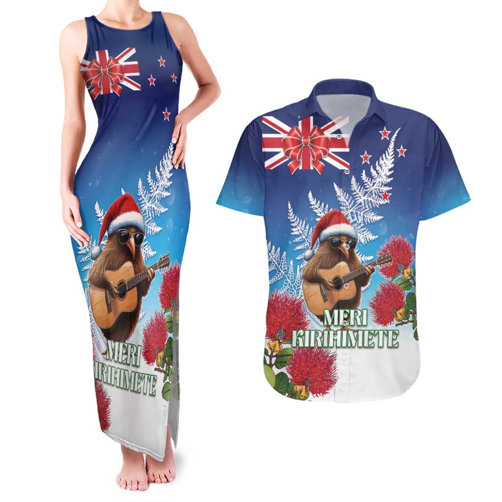 New Zealand Kiwi Christmas Couples Matching Tank Maxi Dress and Hawaiian Shirt Xmas Vibe LT05 Blue - Polynesian Pride