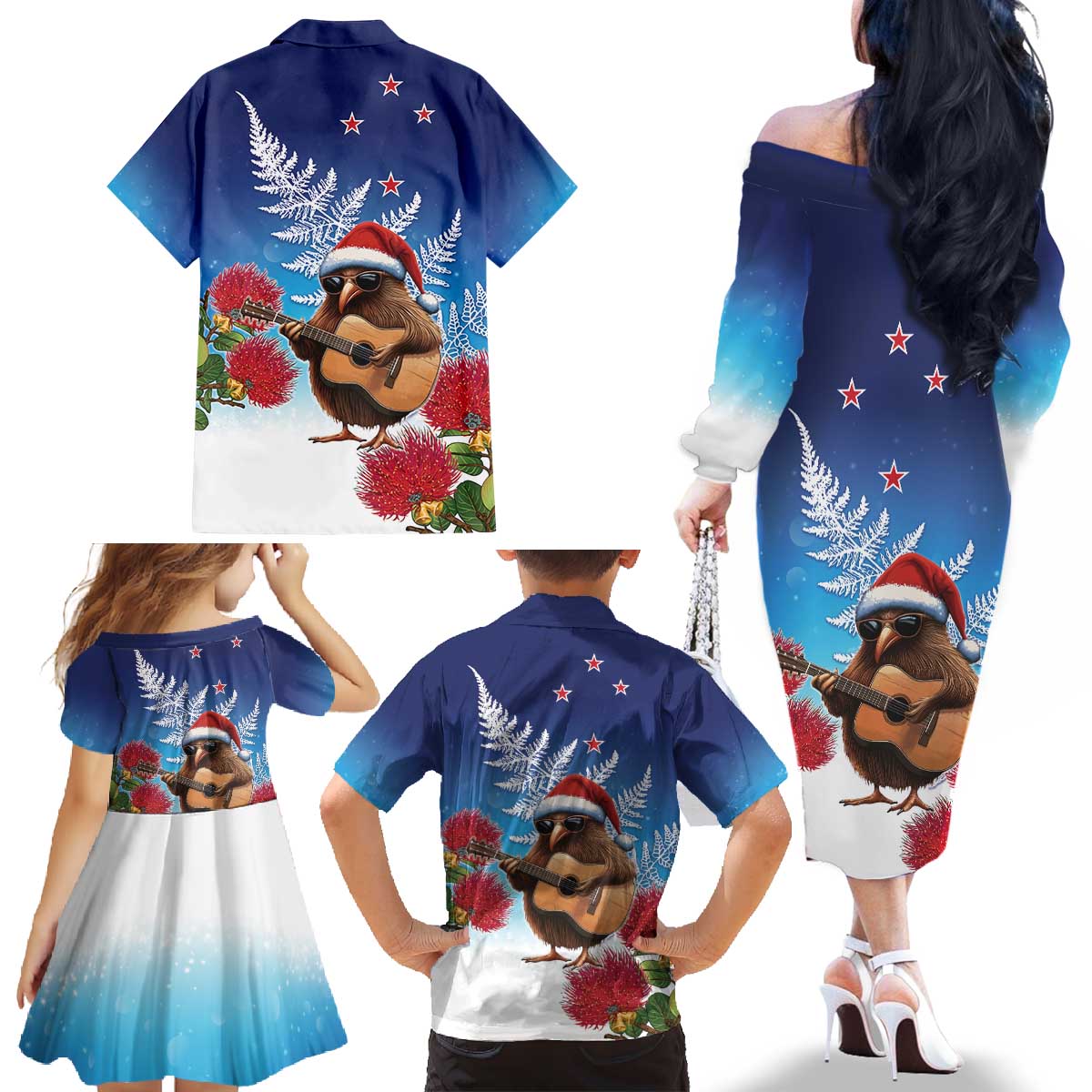 New Zealand Kiwi Christmas Family Matching Off The Shoulder Long Sleeve Dress and Hawaiian Shirt Xmas Vibe LT05 - Polynesian Pride