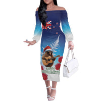New Zealand Kiwi Christmas Family Matching Off The Shoulder Long Sleeve Dress and Hawaiian Shirt Xmas Vibe LT05 Mom's Dress Blue - Polynesian Pride