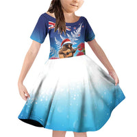 New Zealand Kiwi Christmas Family Matching Off Shoulder Short Dress and Hawaiian Shirt Xmas Vibe LT05 Daughter's Dress Blue - Polynesian Pride
