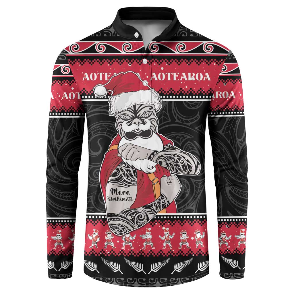 New Zealand Santa Tiki Christmas Button Sweatshirt Meri Kirihimete