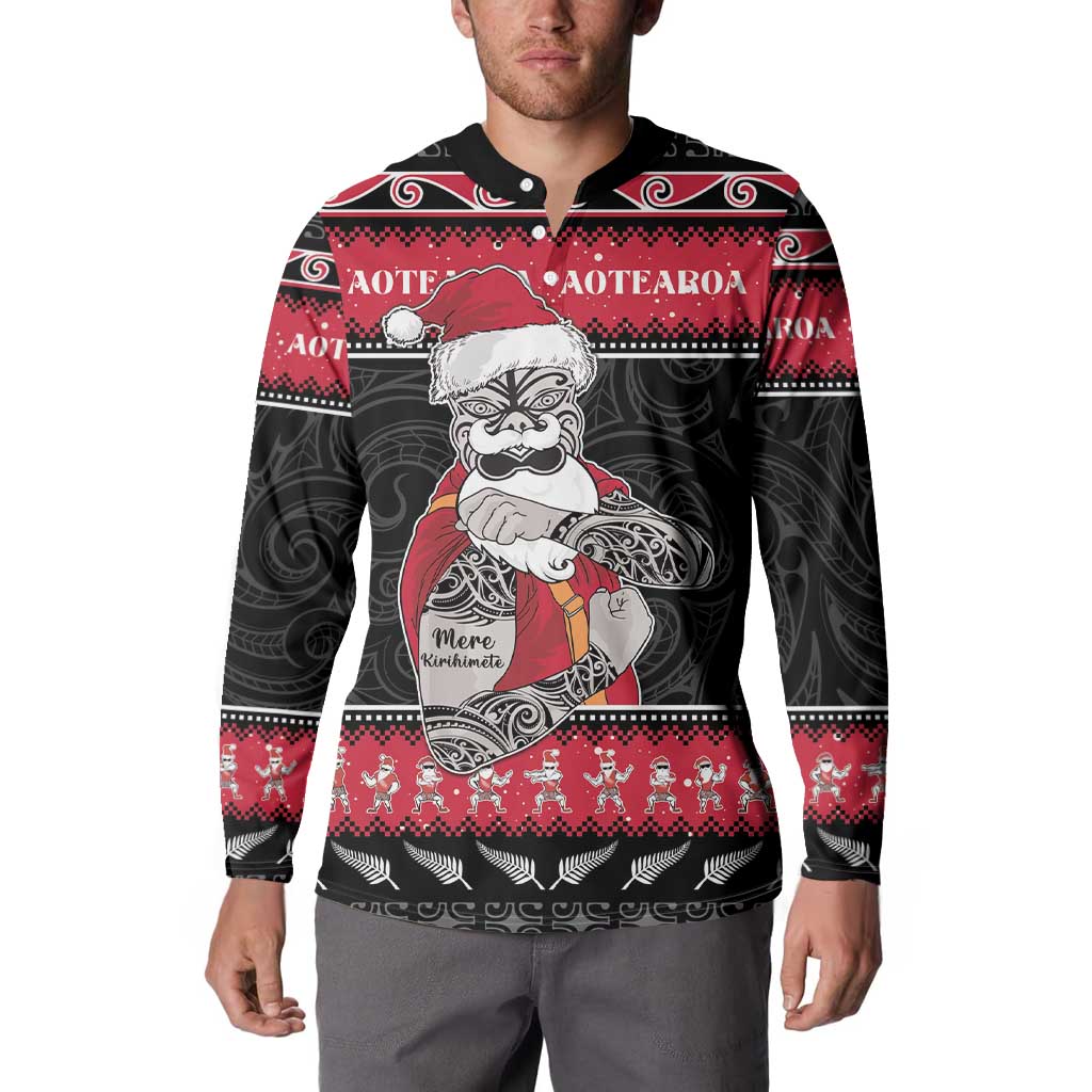 New Zealand Santa Tiki Christmas Button Sweatshirt Meri Kirihimete
