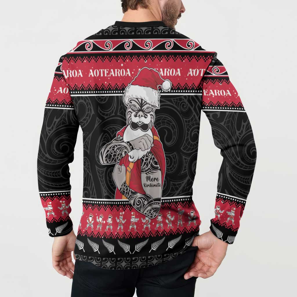 New Zealand Santa Tiki Christmas Button Sweatshirt Meri Kirihimete