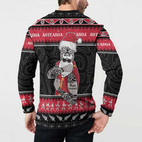 New Zealand Santa Tiki Christmas Button Sweatshirt Meri Kirihimete