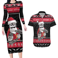 New Zealand Santa Tiki Christmas Couples Matching Long Sleeve Bodycon Dress and Hawaiian Shirt Meri Kirihimete LT05 Black - Polynesian Pride