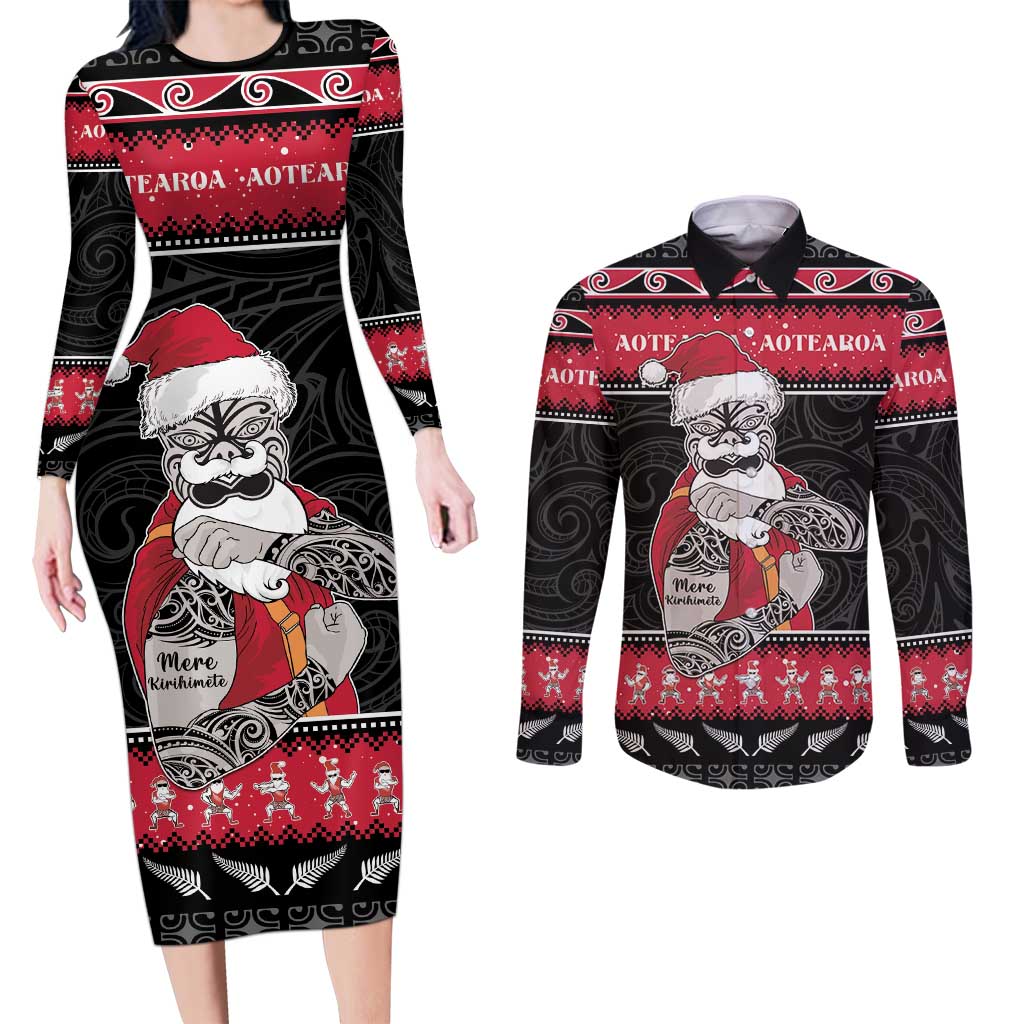 New Zealand Santa Tiki Christmas Couples Matching Long Sleeve Bodycon Dress and Long Sleeve Button Shirt Meri Kirihimete