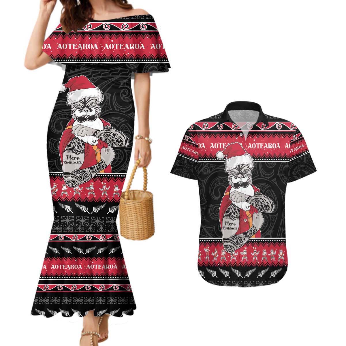 New Zealand Santa Tiki Christmas Couples Matching Mermaid Dress and Hawaiian Shirt Meri Kirihimete LT05 Black - Polynesian Pride