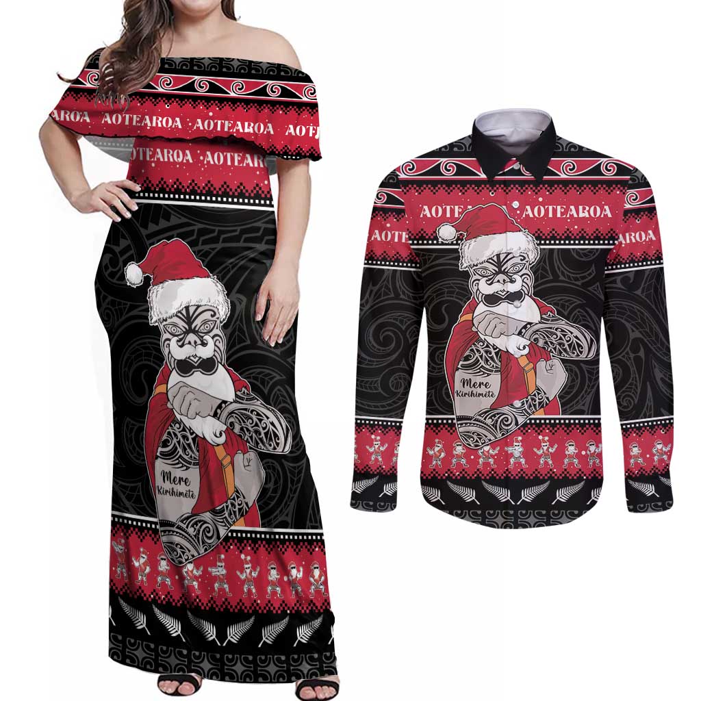 New Zealand Santa Tiki Christmas Couples Matching Off Shoulder Maxi Dress and Long Sleeve Button Shirt Meri Kirihimete