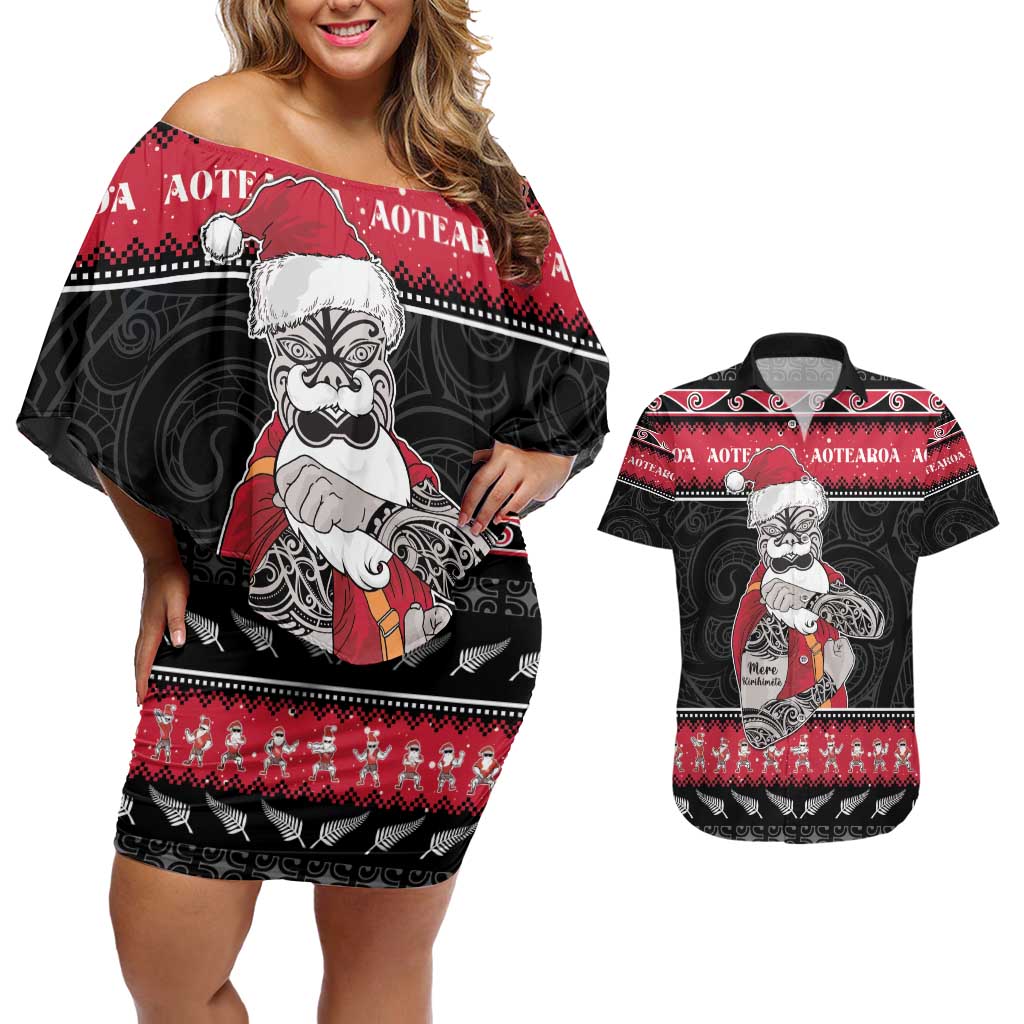New Zealand Santa Tiki Christmas Couples Matching Off Shoulder Short Dress and Hawaiian Shirt Meri Kirihimete