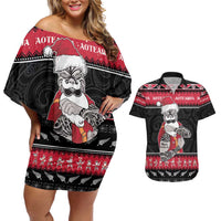New Zealand Santa Tiki Christmas Couples Matching Off Shoulder Short Dress and Hawaiian Shirt Meri Kirihimete LT05 Black - Polynesian Pride