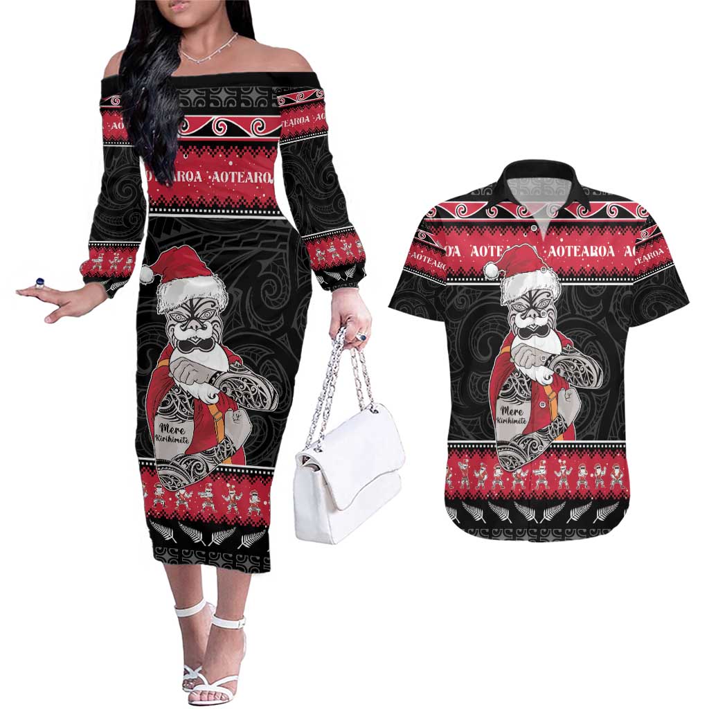 New Zealand Santa Tiki Christmas Couples Matching Off The Shoulder Long Sleeve Dress and Hawaiian Shirt Meri Kirihimete LT05 Black - Polynesian Pride