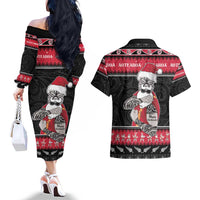 New Zealand Santa Tiki Christmas Couples Matching Off The Shoulder Long Sleeve Dress and Hawaiian Shirt Meri Kirihimete LT05 - Polynesian Pride