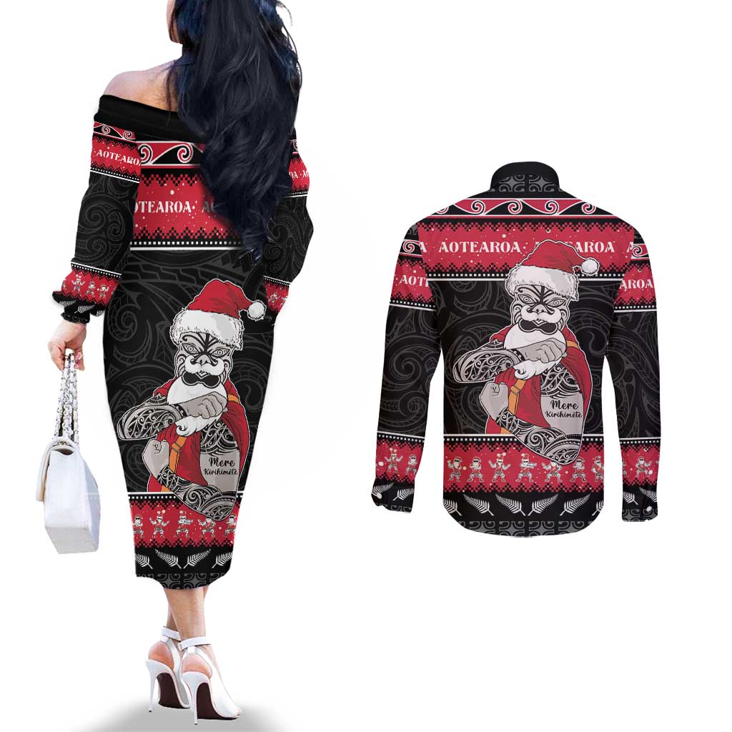 New Zealand Santa Tiki Christmas Couples Matching Off The Shoulder Long Sleeve Dress and Long Sleeve Button Shirt Meri Kirihimete