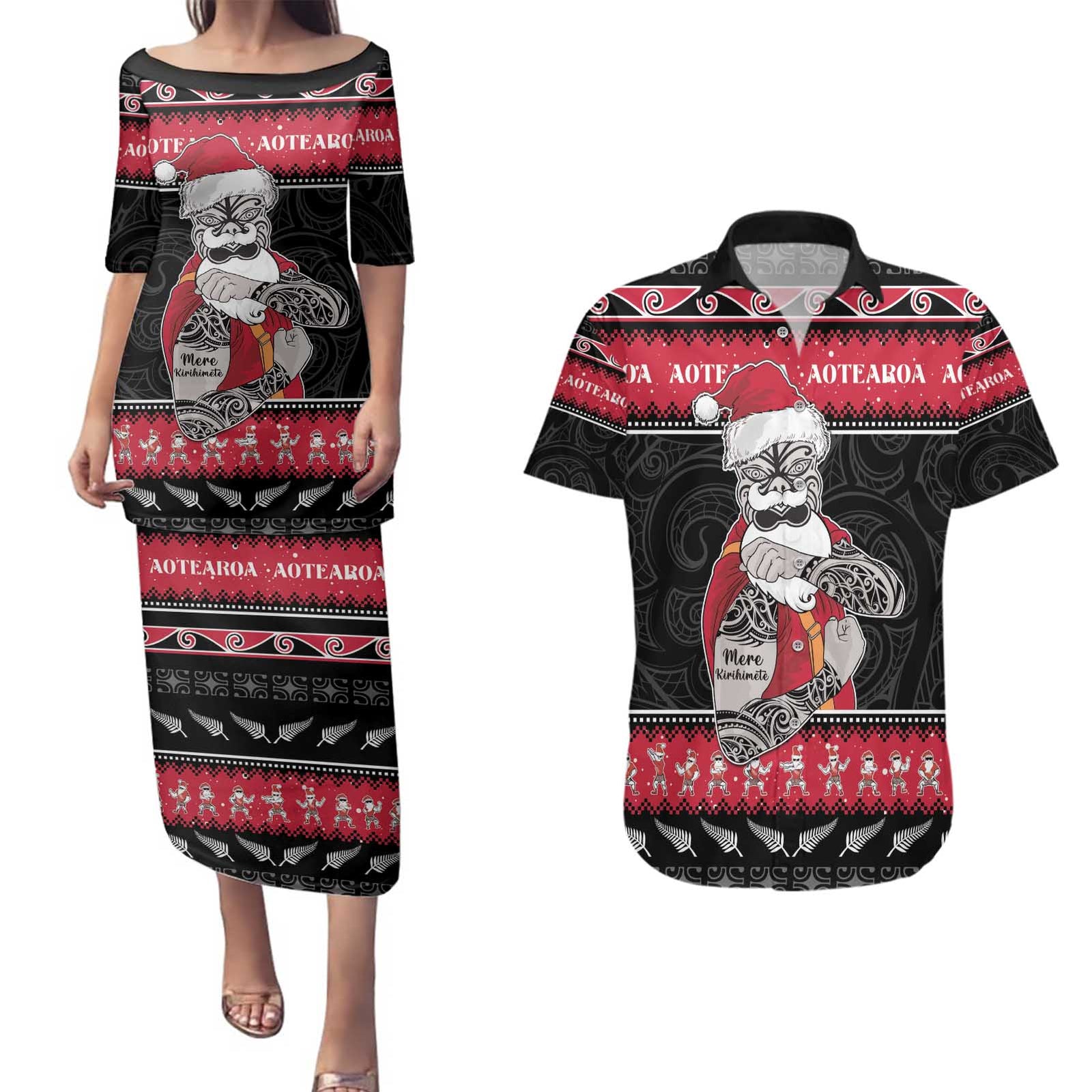 New Zealand Santa Tiki Christmas Couples Matching Puletasi and Hawaiian Shirt Meri Kirihimete