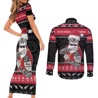 New Zealand Santa Tiki Christmas Couples Matching Short Sleeve Bodycon Dress and Long Sleeve Button Shirt Meri Kirihimete