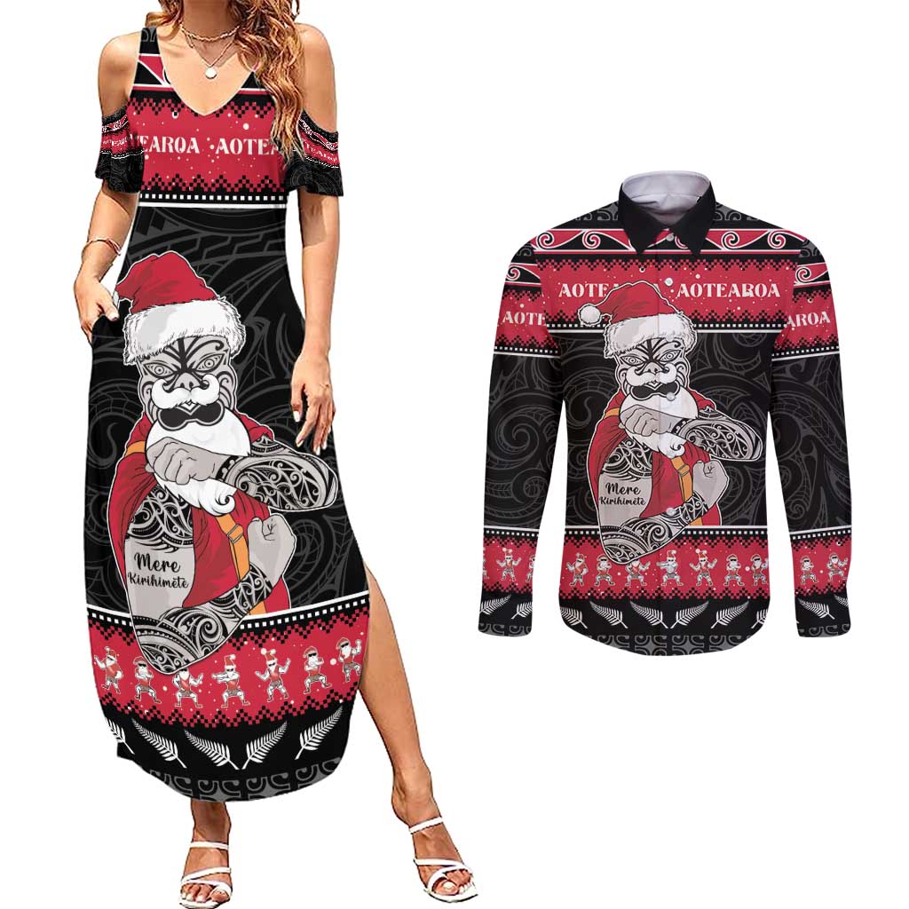 New Zealand Santa Tiki Christmas Couples Matching Summer Maxi Dress and Long Sleeve Button Shirt Meri Kirihimete