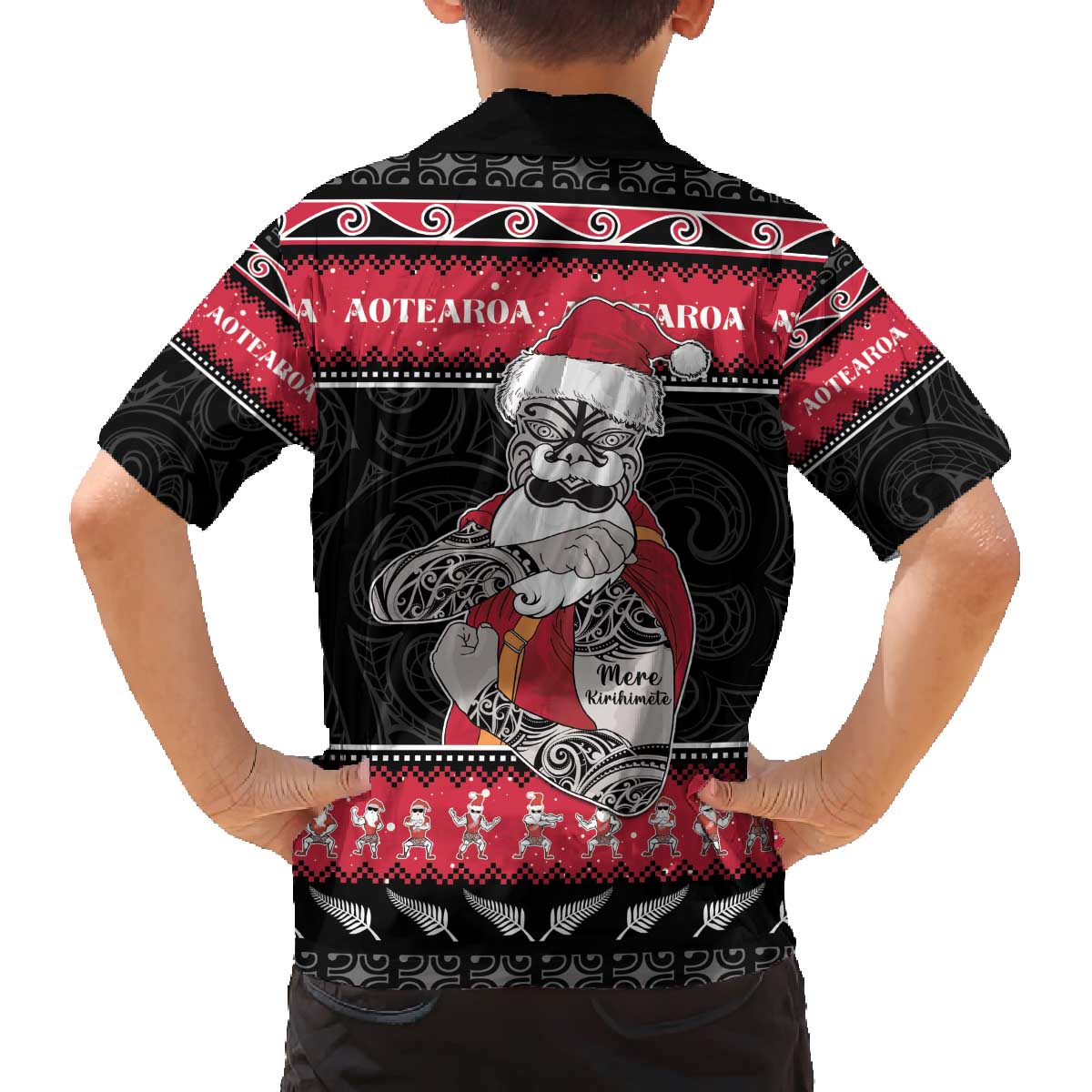New Zealand Santa Tiki Christmas Family Matching Off The Shoulder Long Sleeve Dress and Hawaiian Shirt Meri Kirihimete LT05 - Polynesian Pride