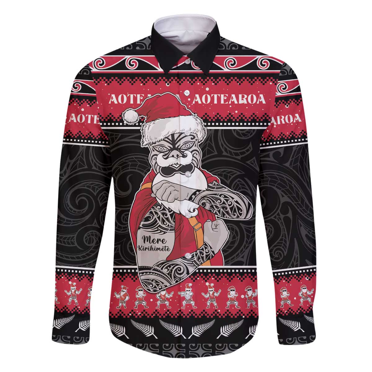 New Zealand Santa Tiki Christmas Family Matching Off The Shoulder Long Sleeve Dress and Hawaiian Shirt Meri Kirihimete LT05 Dad's Shirt - Long Sleeve Black - Polynesian Pride
