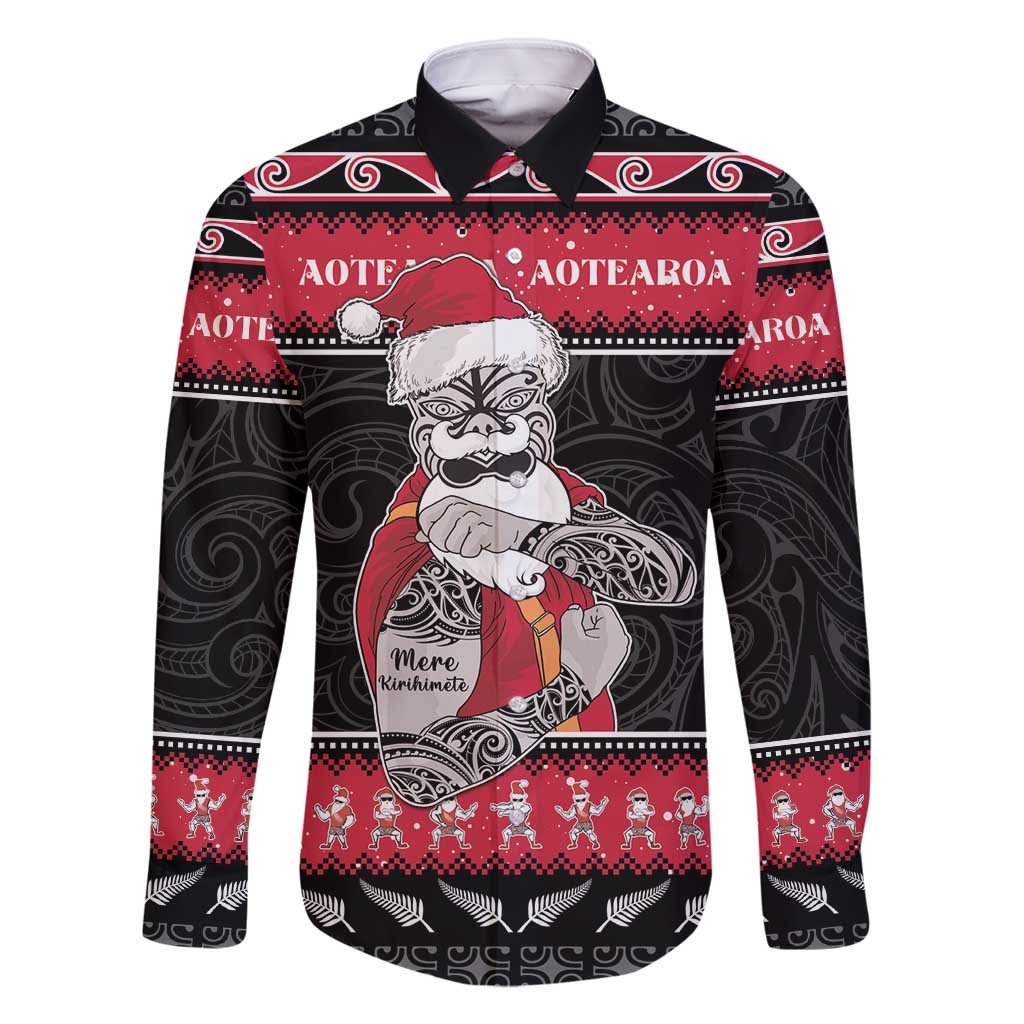 New Zealand Santa Tiki Christmas Family Matching Off Shoulder Maxi Dress and Hawaiian Shirt Meri Kirihimete LT05 Dad's Shirt - Long Sleeve Black - Polynesian Pride