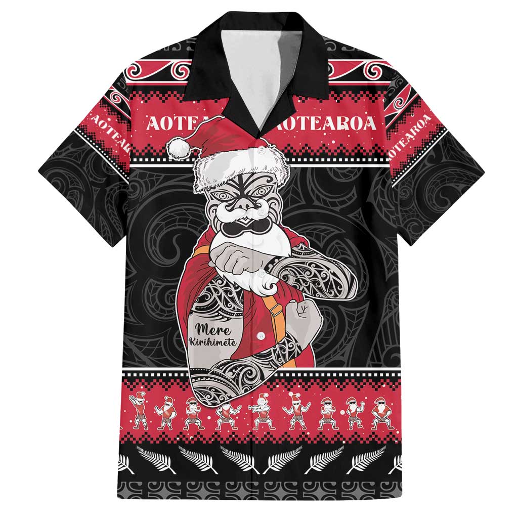 New Zealand Santa Tiki Christmas Family Matching Off Shoulder Short Dress and Hawaiian Shirt Meri Kirihimete LT05 Dad's Shirt - Short Sleeve Black - Polynesian Pride