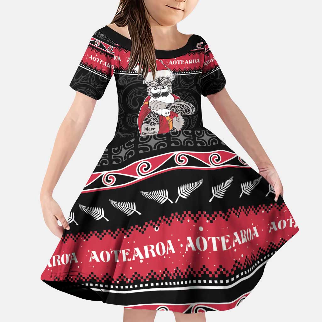 New Zealand Santa Tiki Christmas Family Matching Puletasi and Hawaiian Shirt Meri Kirihimete LT05 Daughter's Dress Black - Polynesian Pride