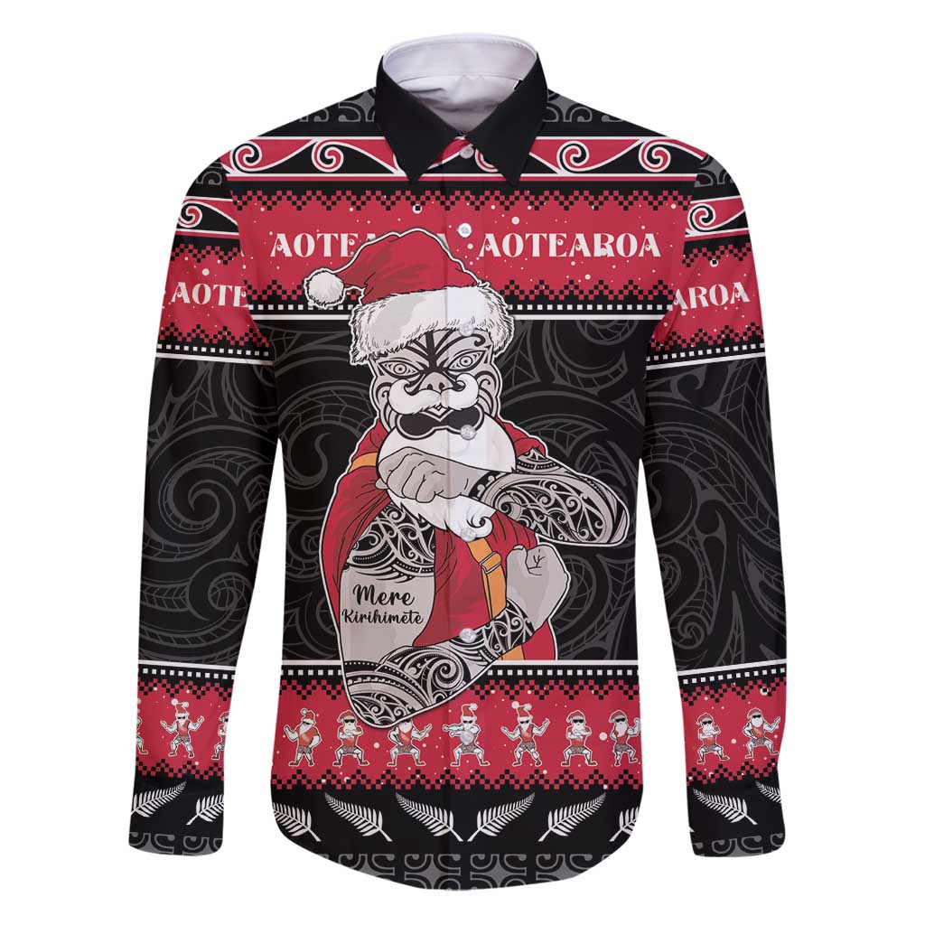 New Zealand Santa Tiki Christmas Family Matching Puletasi and Hawaiian Shirt Meri Kirihimete LT05 Dad's Shirt - Long Sleeve Black - Polynesian Pride