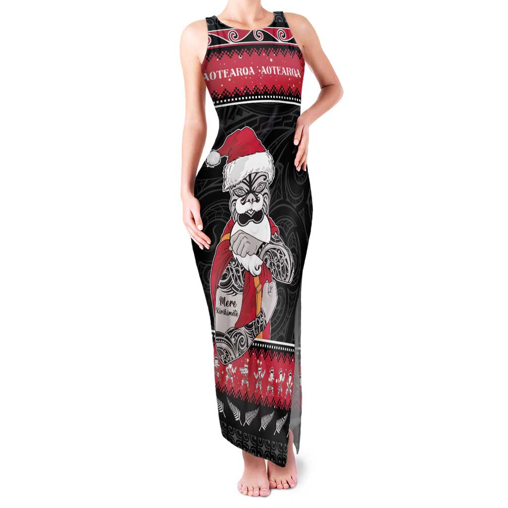 New Zealand Santa Tiki Christmas Family Matching Tank Maxi Dress and Hawaiian Shirt Meri Kirihimete LT05 Mom's Dress Black - Polynesian Pride