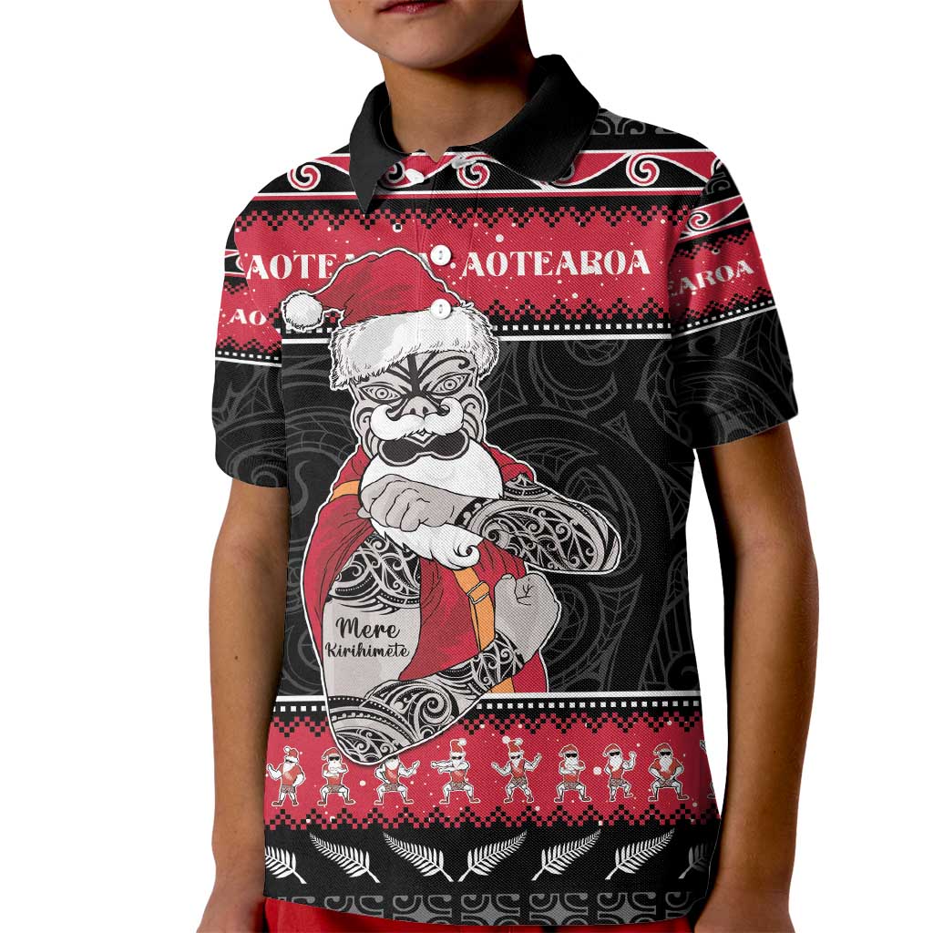 New Zealand Santa Tiki Christmas Kid Polo Shirt Meri Kirihimete