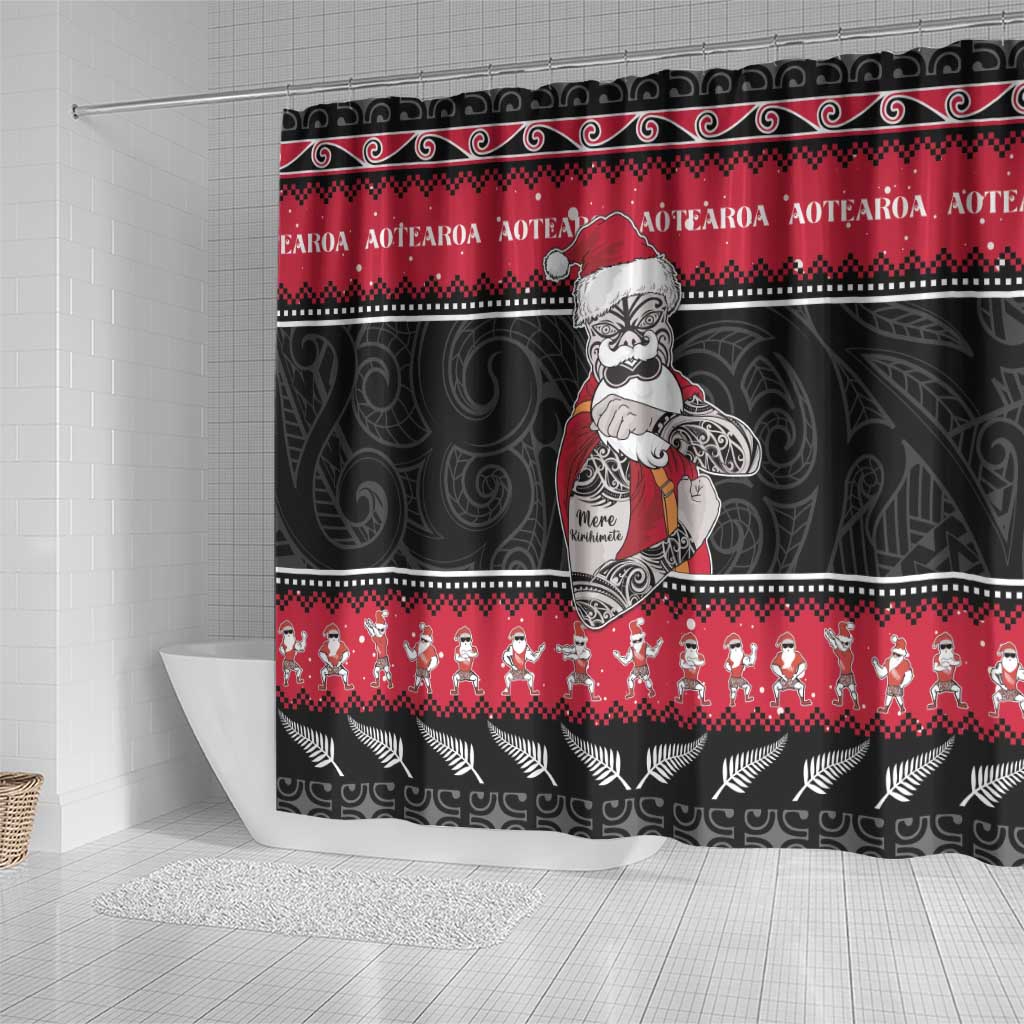 New Zealand Santa Tiki Christmas Shower Curtain Meri Kirihimete