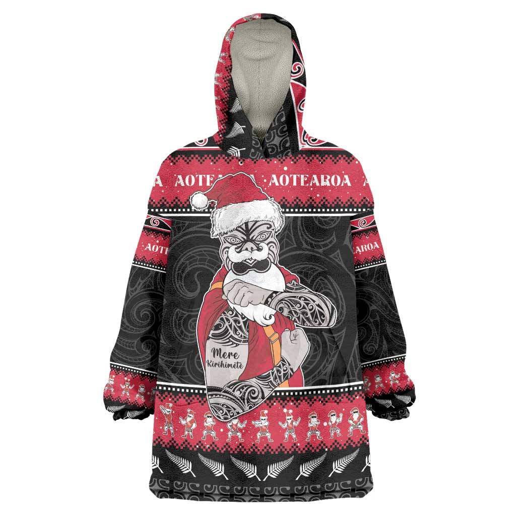 New Zealand Santa Tiki Christmas Wearable Blanket Hoodie Meri Kirihimete LT05 One Size Black - Polynesian Pride