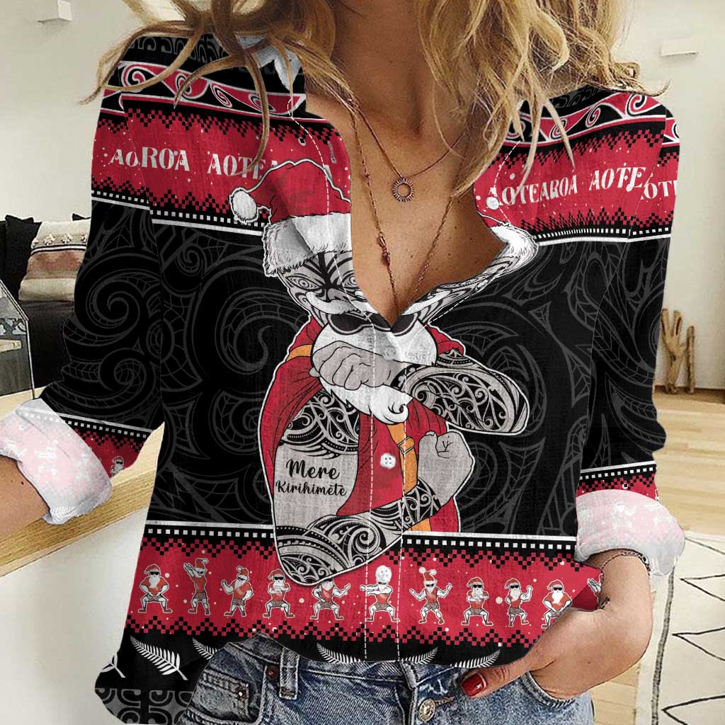 New Zealand Santa Tiki Christmas Women Casual Shirt Meri Kirihimete LT05 Female Black - Polynesian Pride