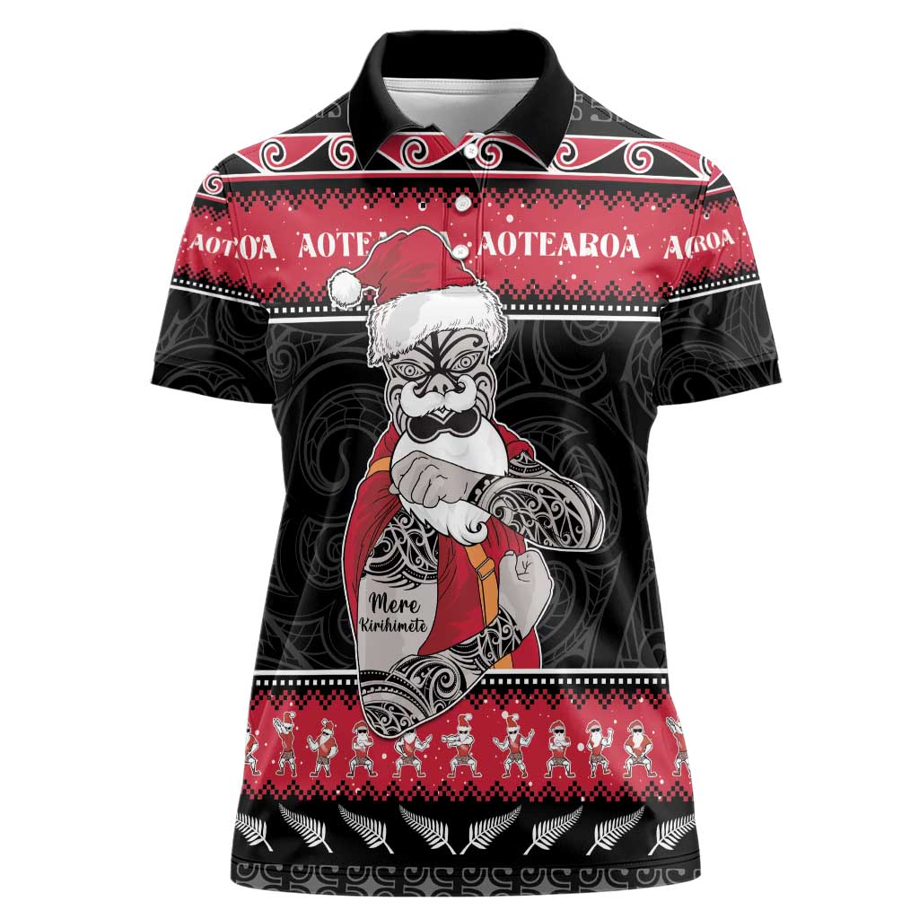 New Zealand Santa Tiki Christmas Women Polo Shirt Meri Kirihimete LT05 Female Black - Polynesian Pride