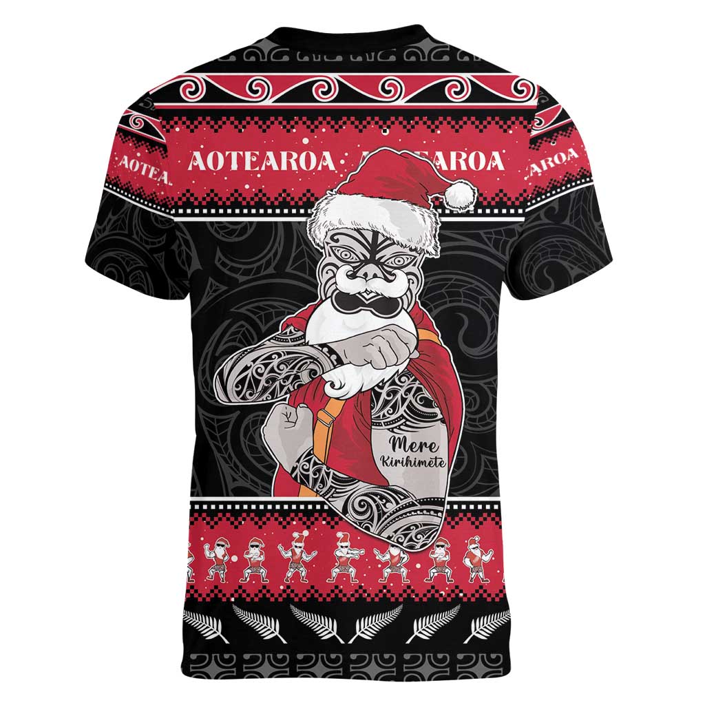 New Zealand Santa Tiki Christmas Women V-Neck T-Shirt Meri Kirihimete