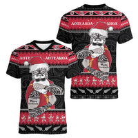 New Zealand Santa Tiki Christmas Women V-Neck T-Shirt Meri Kirihimete