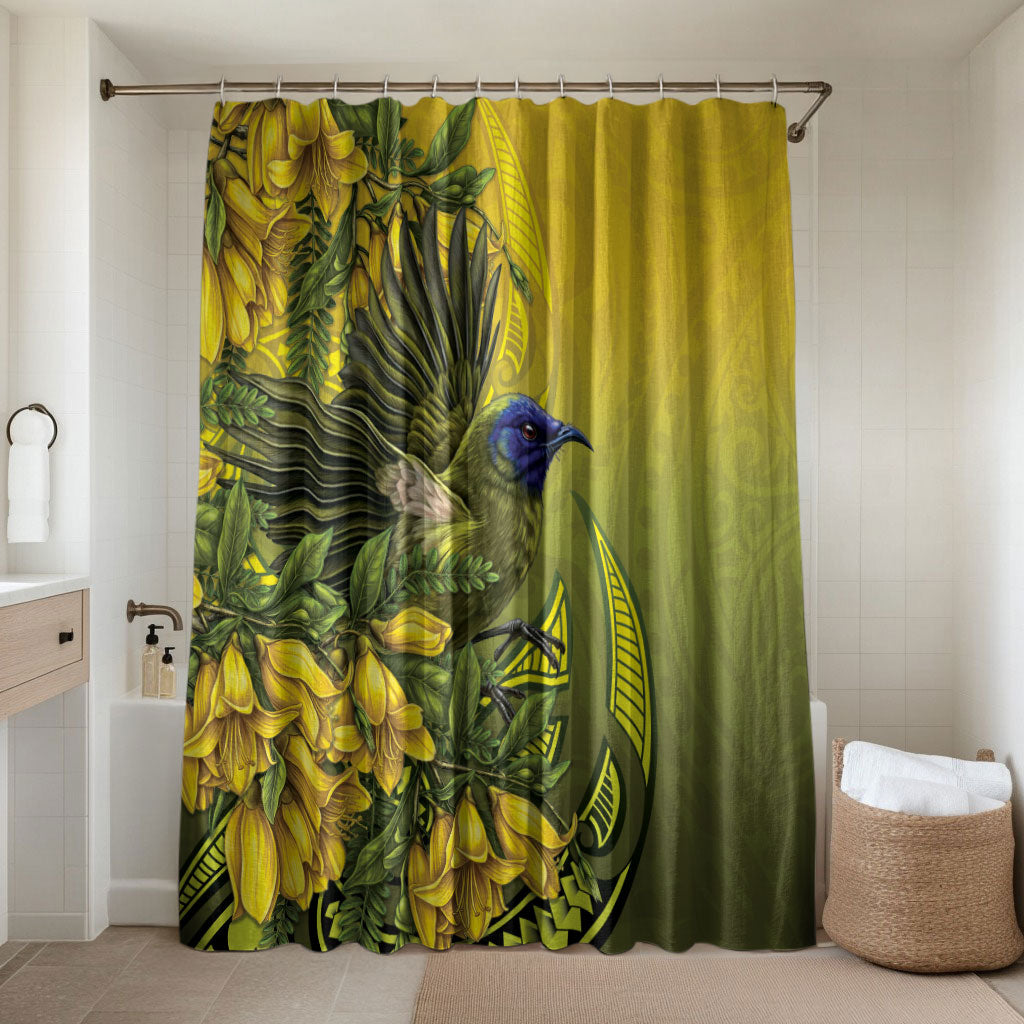 New Zealand Bellbird Bathroom Set With Kowhai Flowers LT05 Shower Curtain Only Yellow - Polynesian Pride