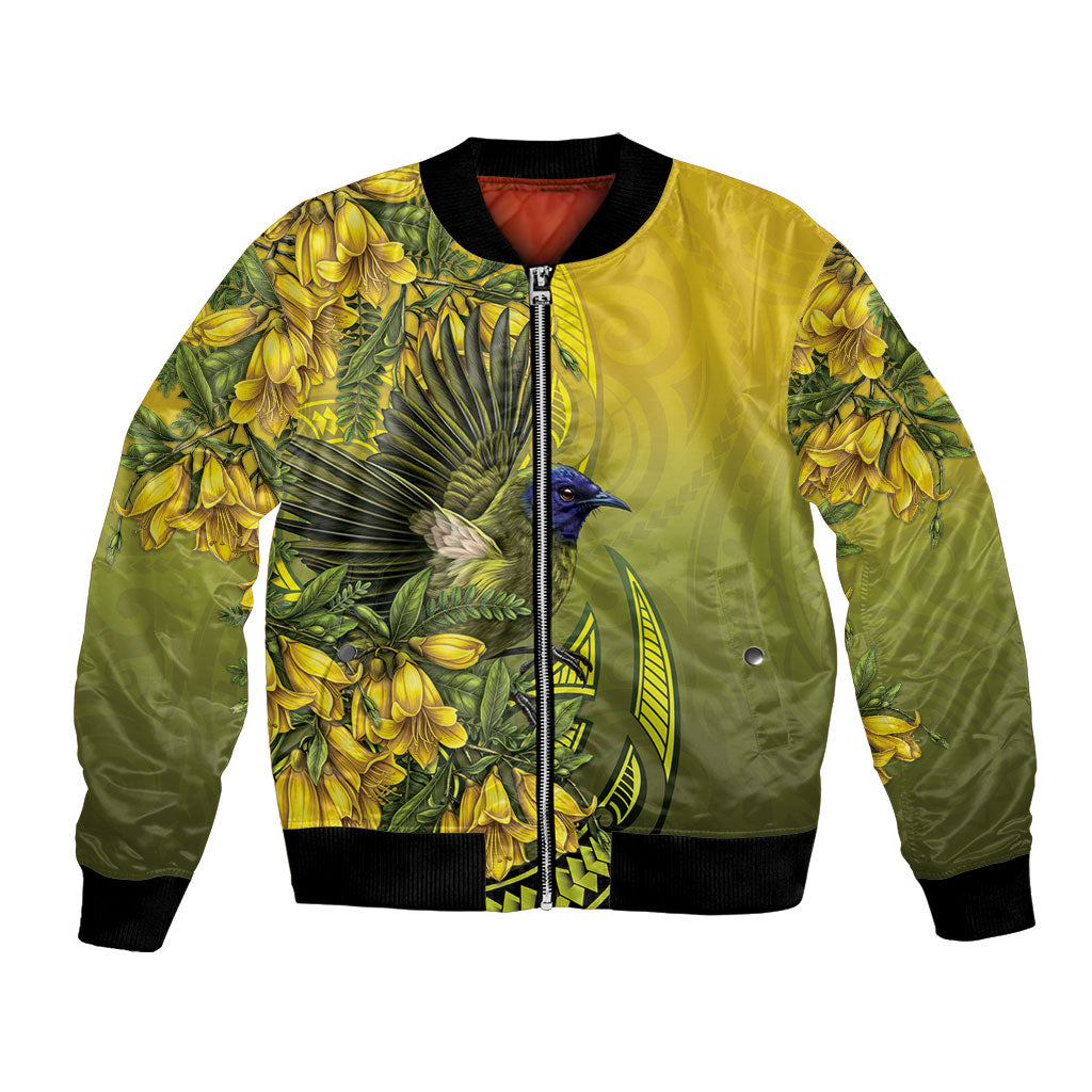 New Zealand Bellbird Bomber Jacket With Kowhai Flowers LT05 Unisex Yellow - Polynesian Pride