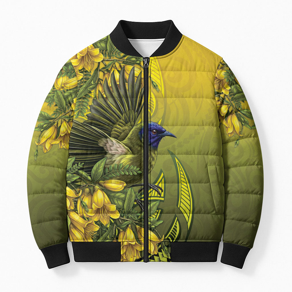 New Zealand Bellbird Bomber Puffer Jacket With Kowhai Flowers LT05 Unisex Yellow - Polynesian Pride