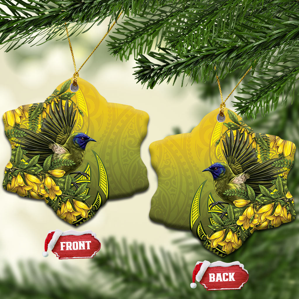 New Zealand Bellbird Ceramic Ornament With Kowhai Flowers LT05 Snow Flake Yellow - Polynesian Pride
