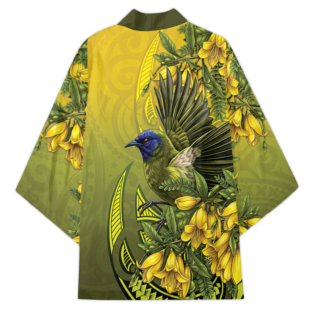 New Zealand Bellbird Kimono With Kowhai Flowers