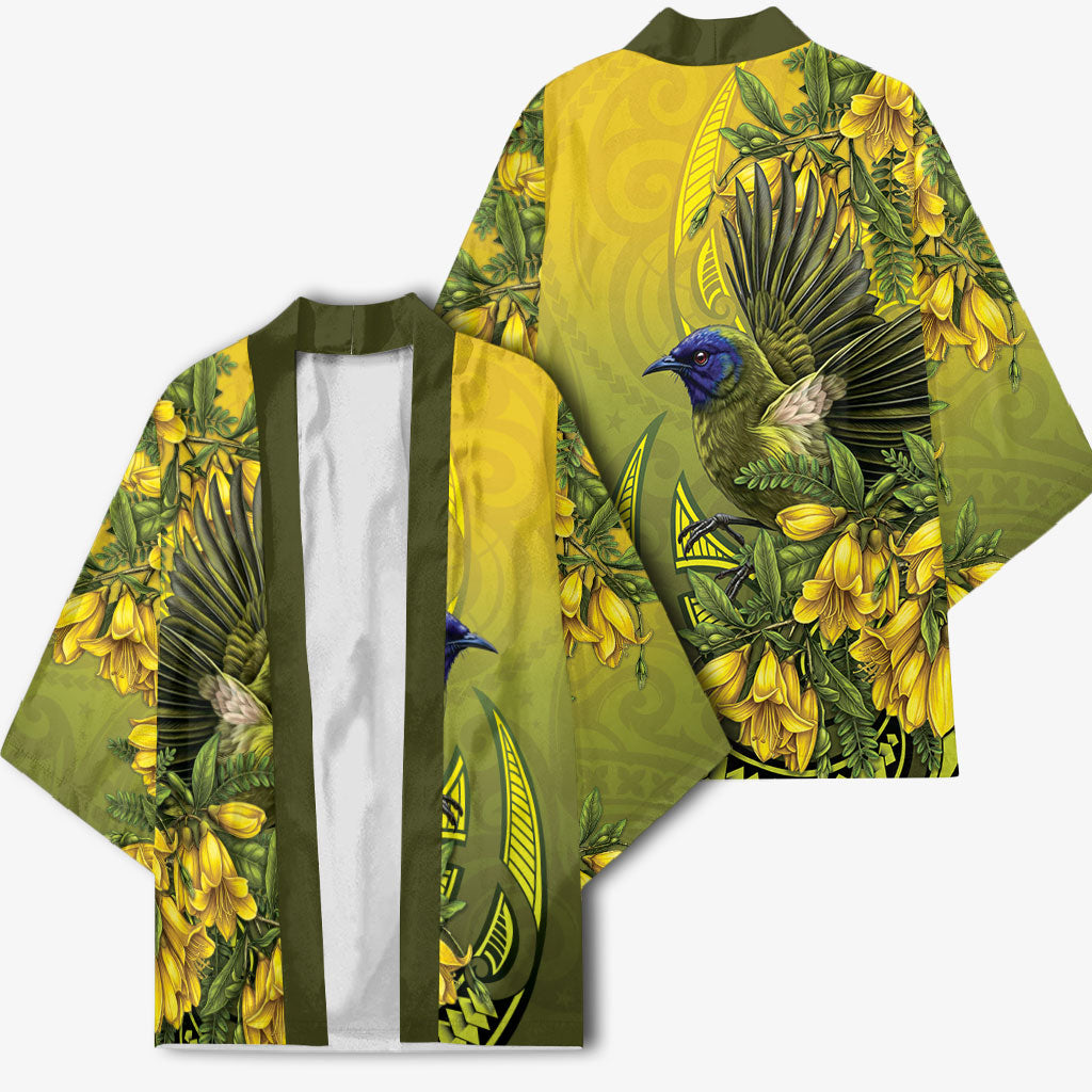 New Zealand Bellbird Kimono With Kowhai Flowers
