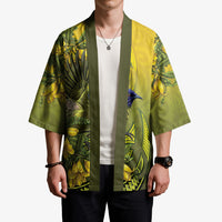 New Zealand Bellbird Kimono With Kowhai Flowers