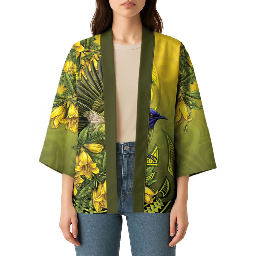 New Zealand Bellbird Kimono With Kowhai Flowers