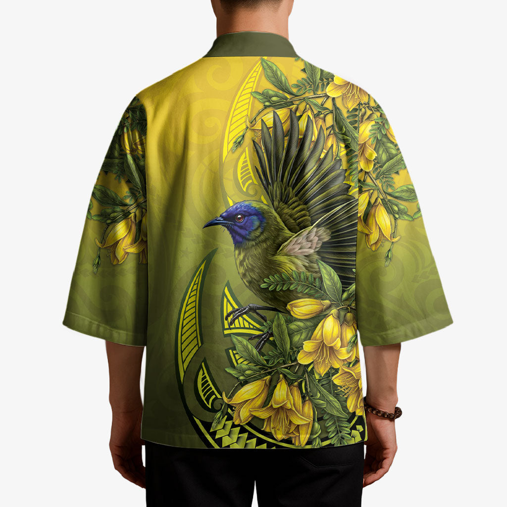 New Zealand Bellbird Kimono With Kowhai Flowers