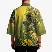 New Zealand Bellbird Kimono With Kowhai Flowers