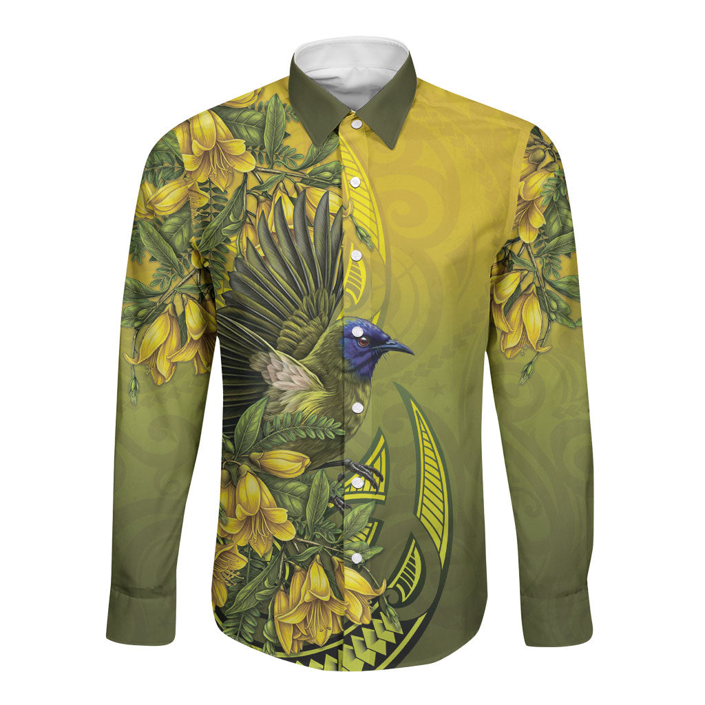 New Zealand Bellbird Long Sleeve Button Shirt With Kowhai Flowers LT05 Unisex Yellow - Polynesian Pride