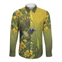 New Zealand Bellbird Long Sleeve Button Shirt With Kowhai Flowers LT05 Unisex Yellow - Polynesian Pride