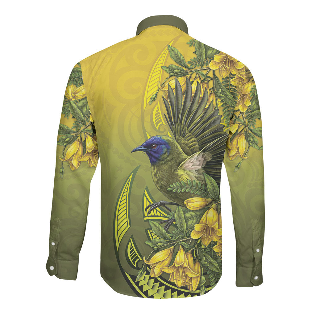 New Zealand Bellbird Long Sleeve Button Shirt With Kowhai Flowers LT05 - Polynesian Pride
