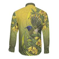 New Zealand Bellbird Long Sleeve Button Shirt With Kowhai Flowers LT05 - Polynesian Pride